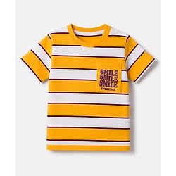 Babyhug 100% Cotton Knit Half Sleeves Striped T-Shirt with Smile Everyday Print - Mustard