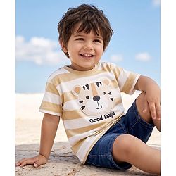 Babyhug 100% Cotton Knit Half Sleeves Striped T-Shirt with Cub Face Applique - Tan
