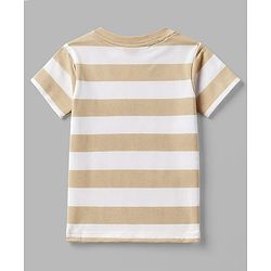 Babyhug 100% Cotton Knit Half Sleeves Striped T-Shirt with Cub Face Applique - Tan