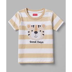 Babyhug 100% Cotton Knit Half Sleeves Striped T-Shirt with Cub Face Applique - Tan
