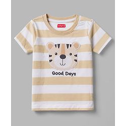 Babyhug 100% Cotton Knit Half Sleeves Striped T-Shirt with Cub Face Applique - Tan