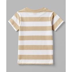 Babyhug 100% Cotton Knit Half Sleeves Striped T-Shirt with Cub Face Applique - Tan
