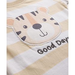 Babyhug 100% Cotton Knit Half Sleeves Striped T-Shirt with Cub Face Applique - Tan