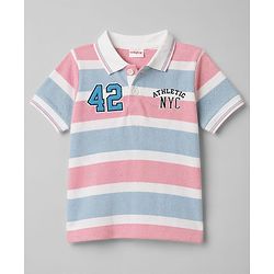 Babyhug Popcorn Knit Half Sleeves Striped Polo T-Shirt with Text Embroidery - Multicolor