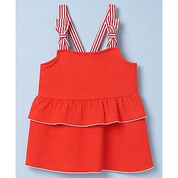 Babyhug Single Jersey Knit Sleeveless Striped Strap & Bow Applique Top & Shorts Set - Red & White