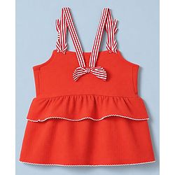Babyhug Single Jersey Knit Sleeveless Striped Strap & Bow Applique Top & Shorts Set - Red & White