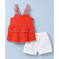 Babyhug Single Jersey Knit Sleeveless Striped Strap & Bow Applique Top & Shorts Set - Red & White