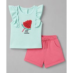 Babyhug 100% Cotton Single Jersey Knit Sleeveless Top & Shorts With Watermelon Embroidery - Green & Pink