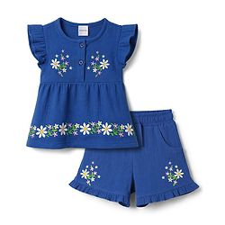 Babyhug Cotton Woven Sleeveless Top & Shorts Set With Floral Embroidery - Blue