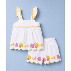 Babyhug Cotton Woven Sleeveless Tropical Theme & Floral Printed Top & Shorts Set - White
