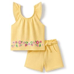 Babyhug 100% Cotton Single Jersey Knit Sleeveless Floral & Tropical Theme Embroidered Top & Shorts Set - Orange