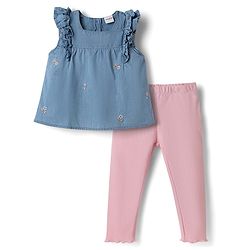 Babyhug Denim Knit Sleeveless Floral Embroidered Top & Leggings Set - Blue