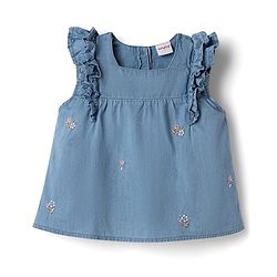 Babyhug Denim Knit Sleeveless Floral Embroidered Top & Leggings Set - Blue