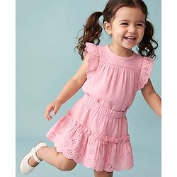 Babyhug Cotton Woven Frill Sleeves Schiffili Top & Skirt Set - Pink