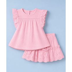 Babyhug Cotton Woven Frill Sleeves Schiffili Top & Skirt Set - Pink