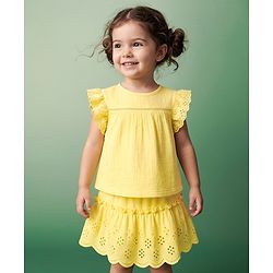 Babyhug Cotton Woven Sleeveless Solid Textured Top & Skirt Set - Yellow