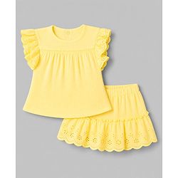 Babyhug Cotton Woven Sleeveless Solid Textured Top & Skirt Set - Yellow