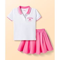 Babyhug Single Jersey Knit Half Sleeves Top & Skirt Set with Butterfly Print - White & Pink