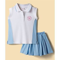 Babyhug Single Jersey Knit Sleeveless Top & Skirt Set With Heart Print - White & Blue