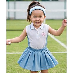 Babyhug Single Jersey Knit Sleeveless Top & Skirt Set With Heart Print - White & Blue