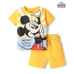 Babyhug Disney Single Jersey Knit Half Sleeves T-Shirt & Shorts Set With Mickey Mouse Graphics - Yellow