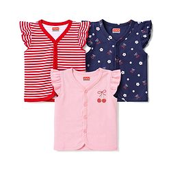 Babyhug 100% Cotton Interlock Knit Frill Sleeves Stripe & Floral Printed Front Open Jhablas Pack of 3 - Pink Red & Navy