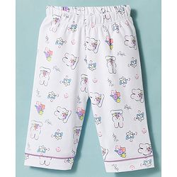 Babyhug 100% Cotton Knit Full Sleeves Bunny & Floral Printed Co-Ords Shirt & Pyjama Night Suit With Cap - White