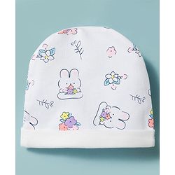 Babyhug 100% Cotton Knit Full Sleeves Bunny & Floral Printed Co-Ords Shirt & Pyjama Night Suit With Cap - White