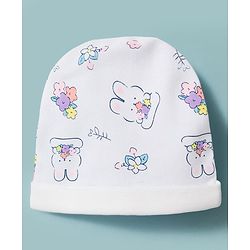 Babyhug 100% Cotton Knit Full Sleeves Bunny & Floral Printed Co-Ords Shirt & Pyjama Night Suit With Cap - White