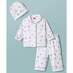 Babyhug 100% Cotton Knit Full Sleeves Bunny & Floral Printed Co-Ords Shirt & Pyjama Night Suit With Cap - White
