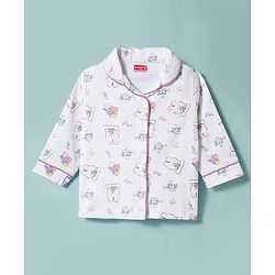 Babyhug 100% Cotton Knit Full Sleeves Bunny & Floral Printed Co-Ords Shirt & Pyjama Night Suit With Cap - White