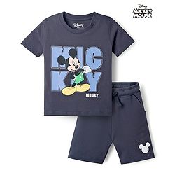 Babyhug Disney 100% Cotton Knit Half Sleeves T-Shirt & Shorts Set With Micky Mouse Graphics - Grey