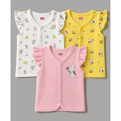 Babyhug 100% Cotton Knit Frill Sleeves Bunny & Floral Printed Jhablas Pack Of 3 - Yellow Pink & White
