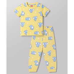 Babyhug Cotton Knit Half Sleeves T-Shirt & Pyjama Co-ord Night Suit with Elephant Print - Yellow