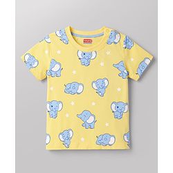 Babyhug Cotton Knit Half Sleeves T-Shirt & Pyjama Co-ord Night Suit with Elephant Print - Yellow