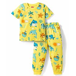Babyhug Cotton Knit Half Sleeves Sea Life Printed Co-Ords T-Shirt & Pyjama Night Suit - Yellow