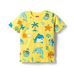 Babyhug Cotton Knit Half Sleeves Sea Life Printed Co-Ords T-Shirt & Pyjama Night Suit - Yellow