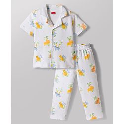 Babyhug 100% Cotton Knit Half Sleeves Jungle Theme Printed Co-Ords Shirt & Pyjama Night Suit - White