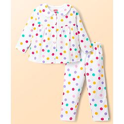 Babyhug Cotton Knit Full Sleeves Polka Dots Printed Co-Ords Top & Pyjama Night Suit - White