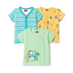 Babyhug 100% Cotton Knit Half Sleeves Striped Vehicles & Bear Printed Jhablas Pack Of 3 - Light Blue Yellow & Light Green