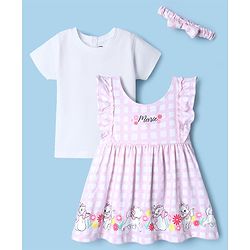 Babyhug Disney Single Jersey Knit Frock with Inner Tee and Headband with Half Sleeves and Marie Graphic - Pink