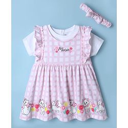 Babyhug Disney Single Jersey Knit Frock with Inner Tee and Headband with Half Sleeves and Marie Graphic - Pink