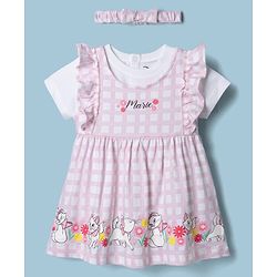Babyhug Disney Single Jersey Knit Frock with Inner Tee and Headband with Half Sleeves and Marie Graphic - Pink