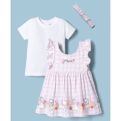 Babyhug Disney Single Jersey Knit Frock with Inner Tee and Headband with Half Sleeves and Marie Graphic - Pink