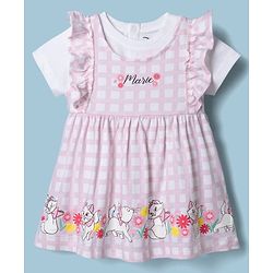 Babyhug Disney Single Jersey Knit Frock with Inner Tee and Headband with Half Sleeves and Marie Graphic - Pink