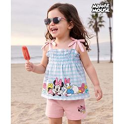 Babyhug Disney 100% Cotton Knit Sleeveless T-Shirt With Tie Up Strap & Shorts Set With Minnie Mouse Family Graphics Pack Of 2 - Light Blue & Pink
