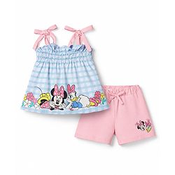 Babyhug Disney 100% Cotton Knit Sleeveless T-Shirt With Tie Up Strap & Shorts Set With Minnie Mouse Family Graphics Pack Of 2 - Light Blue & Pink