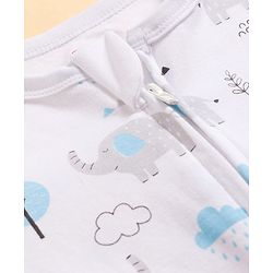 Babyhug Cotton Knit Full Sleeves Footed Sleepsuit & Cap With Elephant & Jungle Print - White