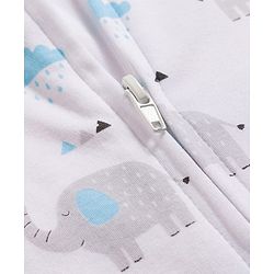 Babyhug Cotton Knit Full Sleeves Footed Sleepsuit & Cap With Elephant & Jungle Print - White