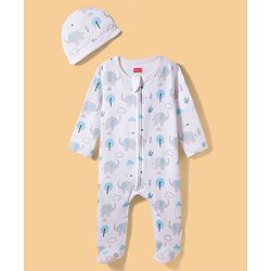 Babyhug Cotton Knit Full Sleeves Footed Sleepsuit & Cap With Elephant & Jungle Print - White